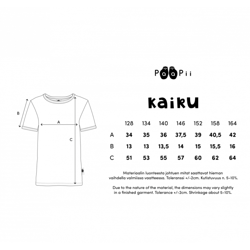 PaaPii Design Kaiku t-paita kokotaulukko