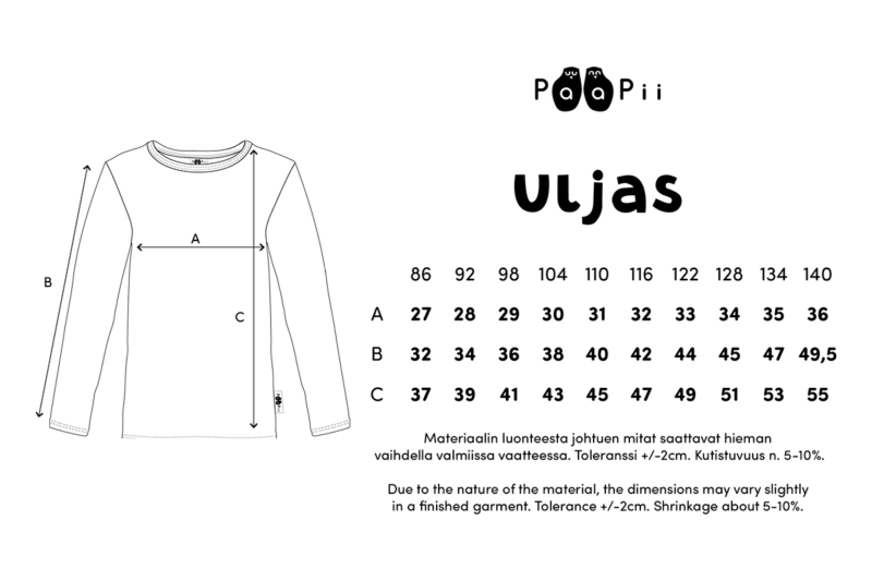 PaaPii Design ULJAS paita mittataulukko