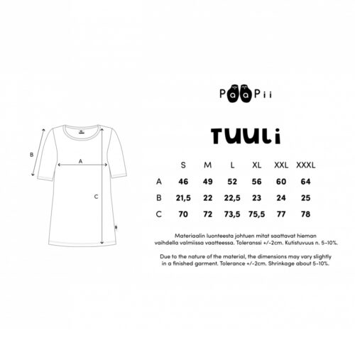 PaaPii Design Tuuli T-paita kokotaulukko