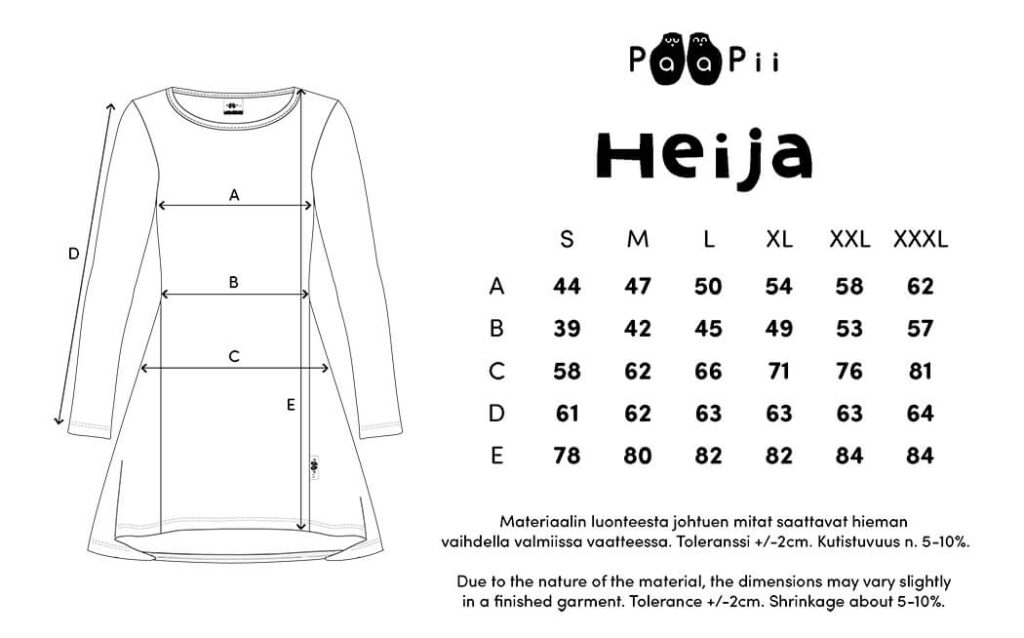 Tunikoiden ja mekkojen oikean koon valintaopas 18 PaaPii Design Heija tunika kokotaulukko vaaka