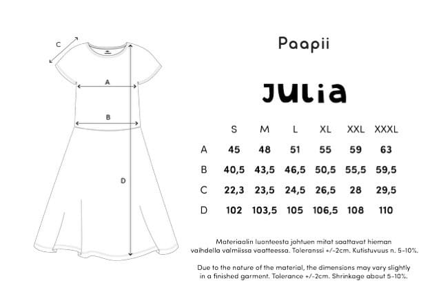 Tunikoiden ja mekkojen oikean koon valintaopas 30 PaaPii Design Julia mekko kokotaulukko