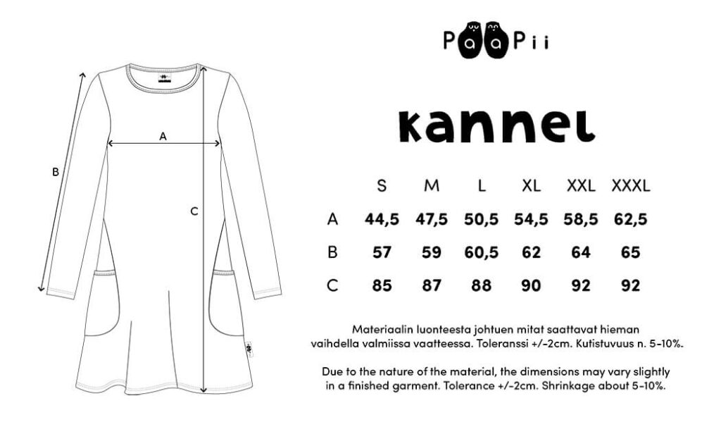 Tunikoiden ja mekkojen oikean koon valintaopas 12 PaaPii Design Kannel tunika kokotaulukko vaaka