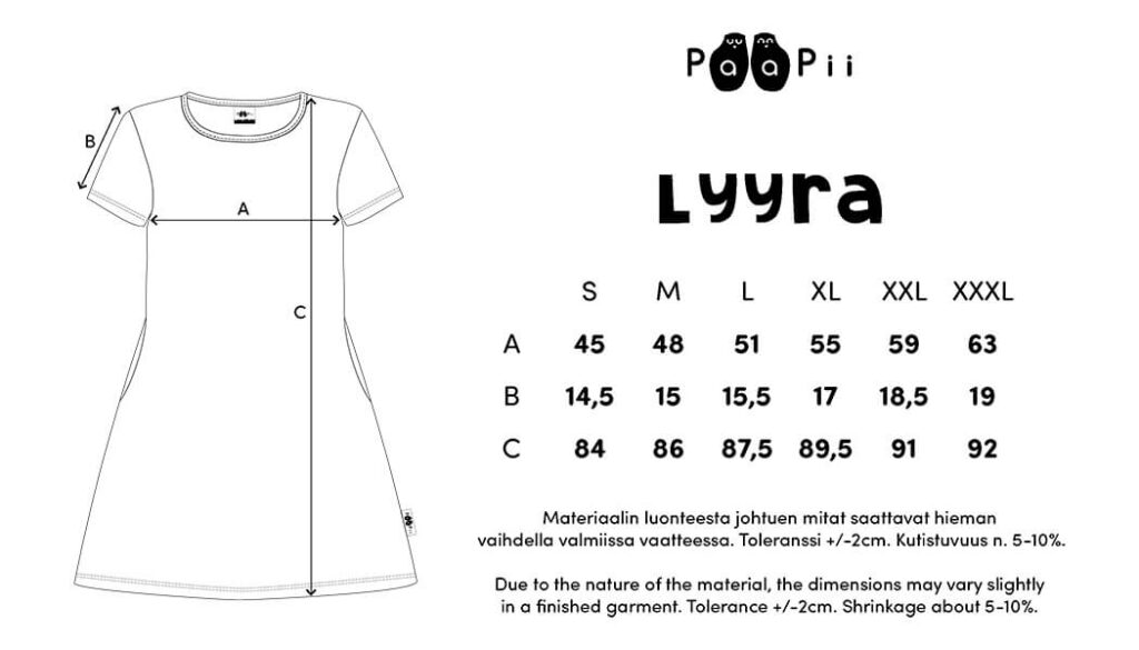 Tunikoiden ja mekkojen oikean koon valintaopas 15 PaaPii Design Lyyra tunika kokotaulukko vaaka