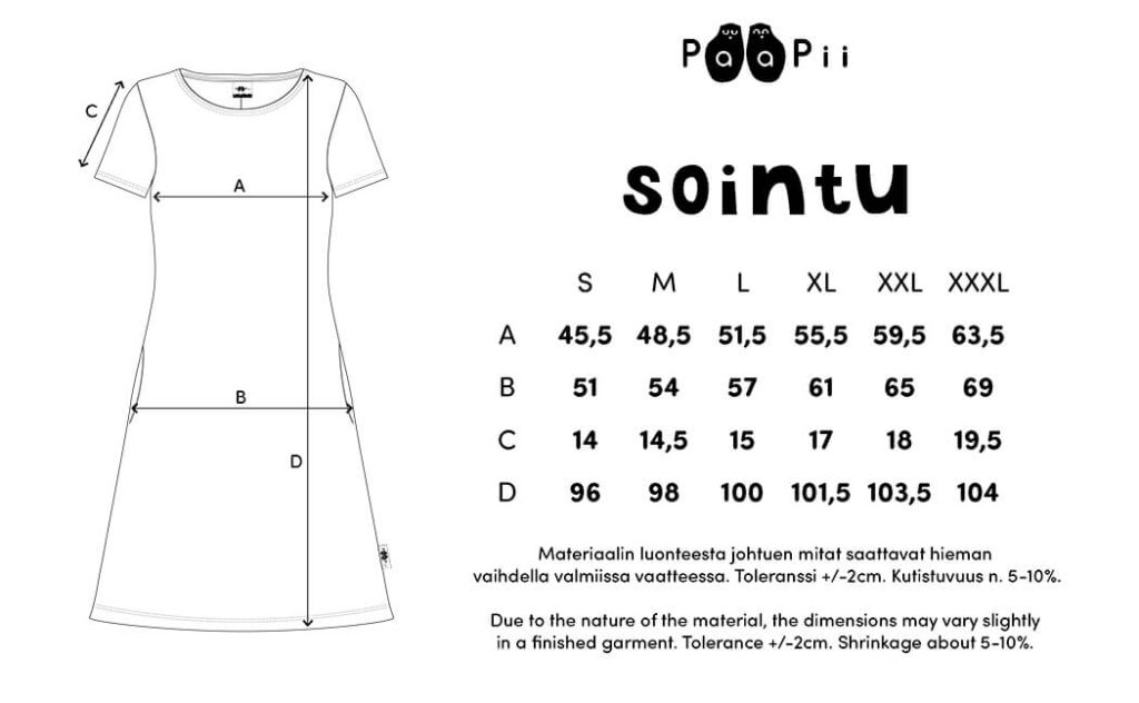 Tunikoiden ja mekkojen oikean koon valintaopas 24 PaaPii Design Sointu mekko kokotaulukko vaaka